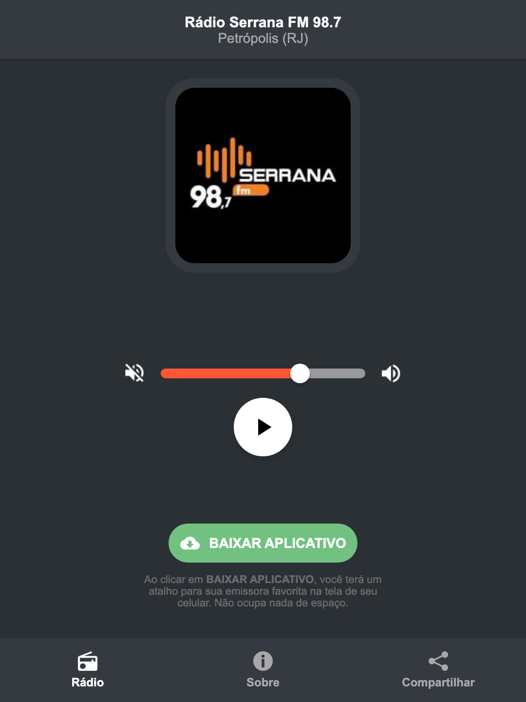 Screenshot do aplicativo da Rádio Serrana FM 98.7