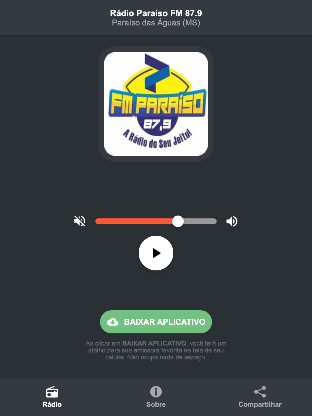 Screenshot do aplicativo da Rádio Paraíso FM 87.9