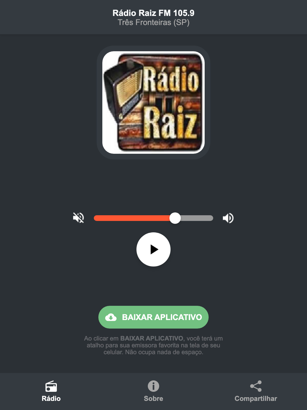 Screenshot do aplicativo da Rádio Raiz FM 105.9