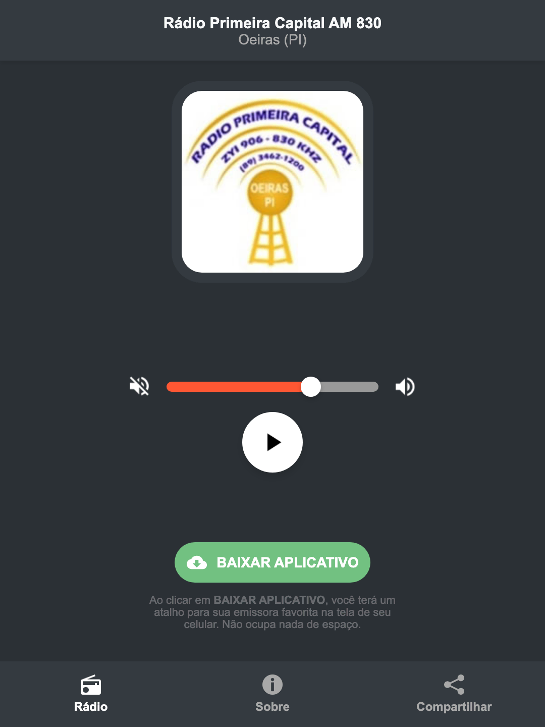 Screenshot do aplicativo da Rádio Primeira Capital AM 830