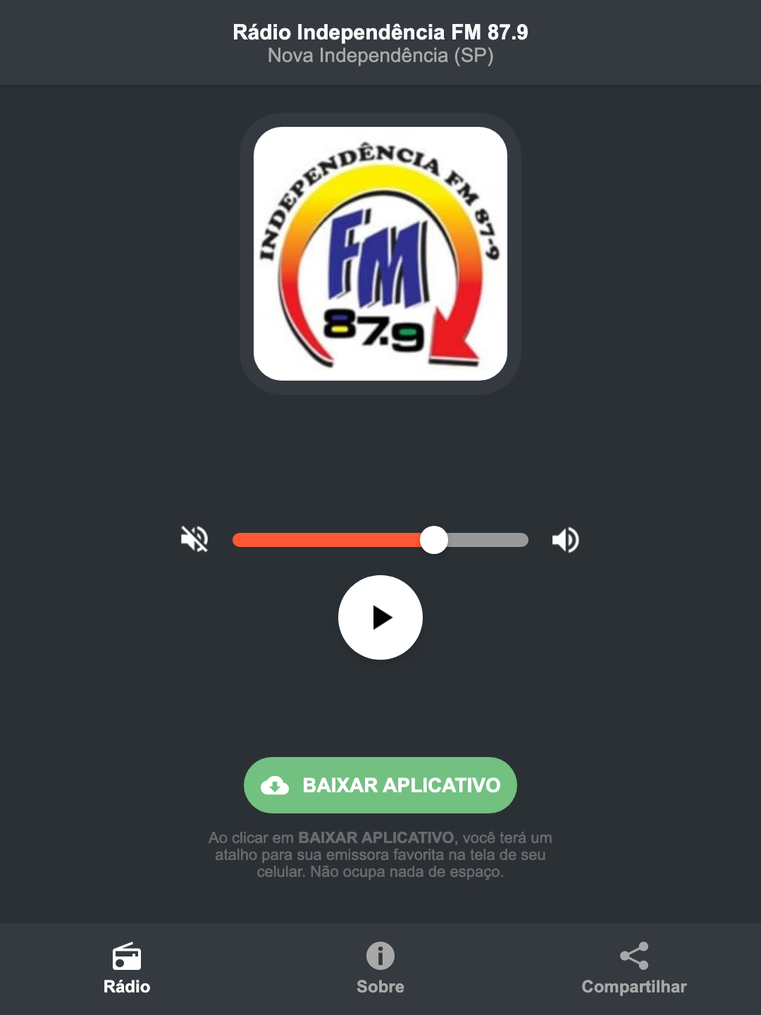 Screenshot do aplicativo da Rádio Independência FM 87.9