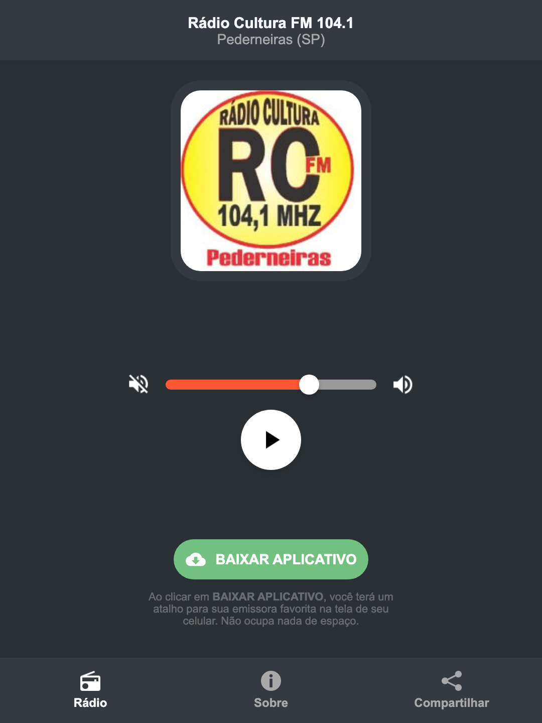 Screenshot do aplicativo da Rádio Cultura FM 104.1