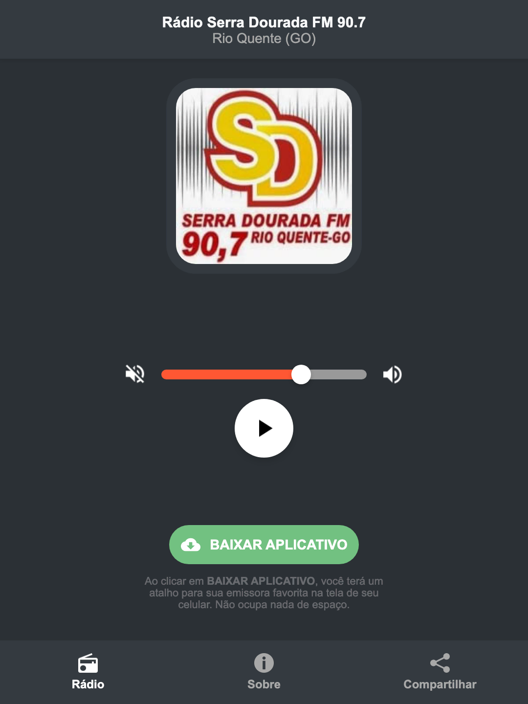 Screenshot do aplicativo da Rádio Serra Dourada FM 90.7