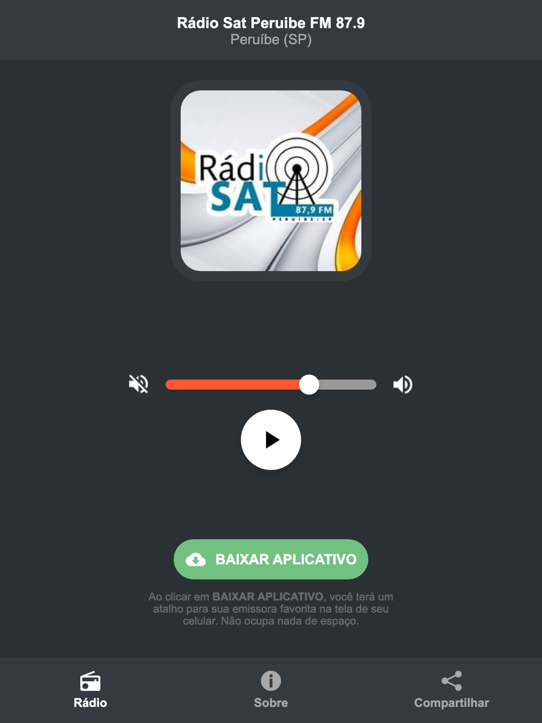 Screenshot do aplicativo da Rádio Sat Peruibe FM 87.9