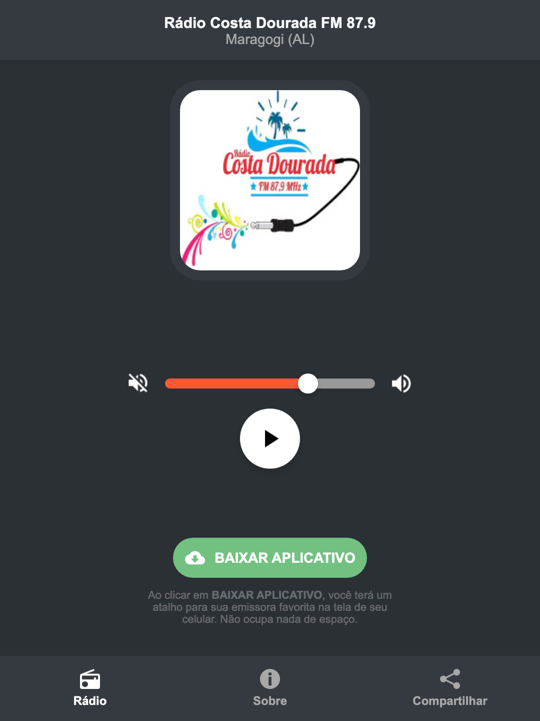 Screenshot do aplicativo da Rádio Costa Dourada FM 87.9