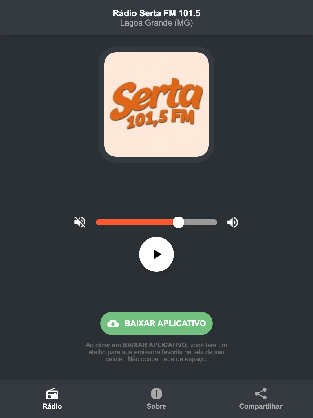 Screenshot do aplicativo da Rádio Serta FM 101.5