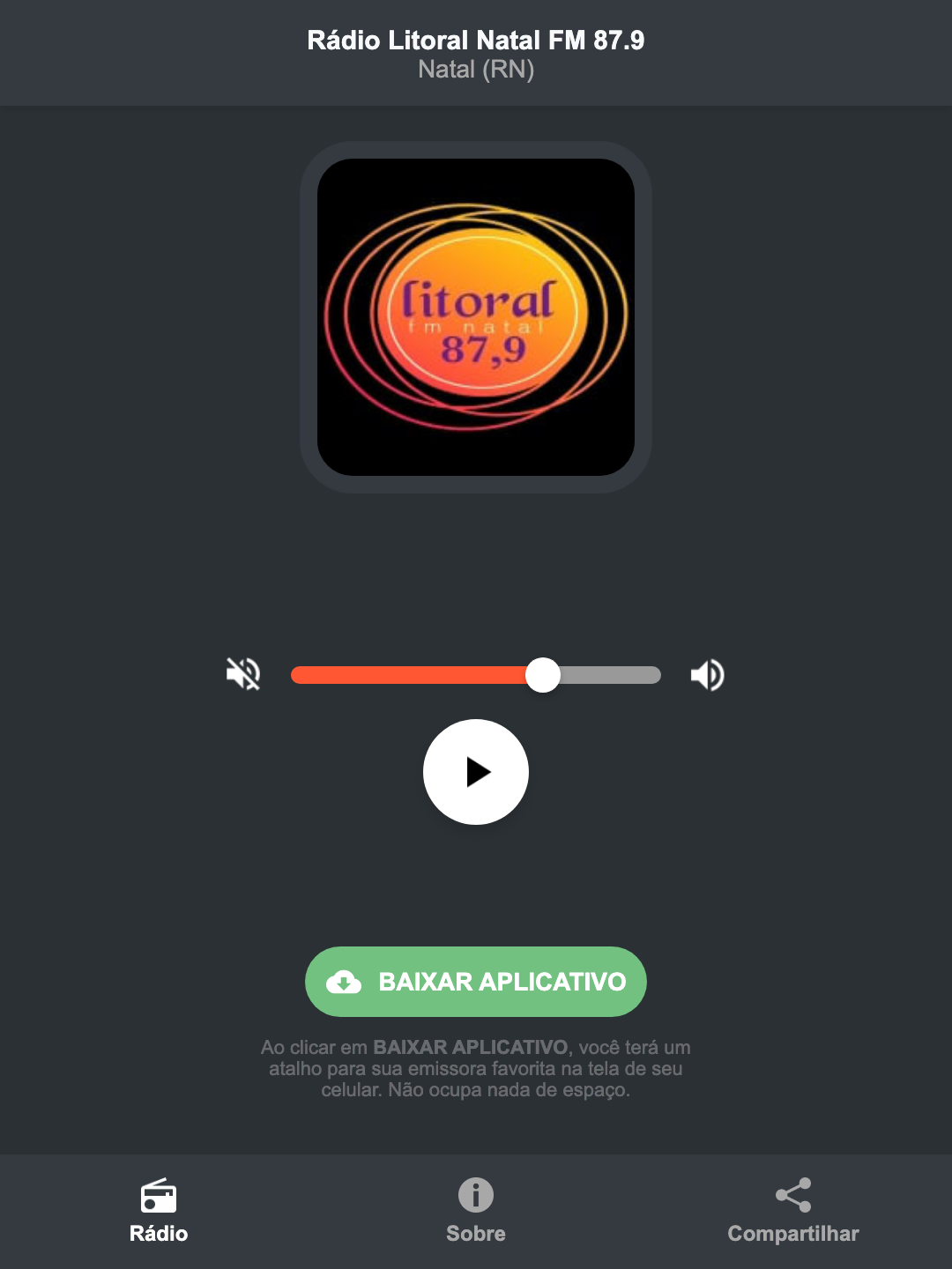 Screenshot do aplicativo da Rádio Litoral Natal FM 87.9