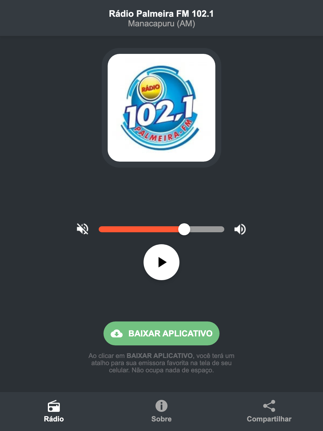 Screenshot do aplicativo da Rádio Palmeira FM 102.1