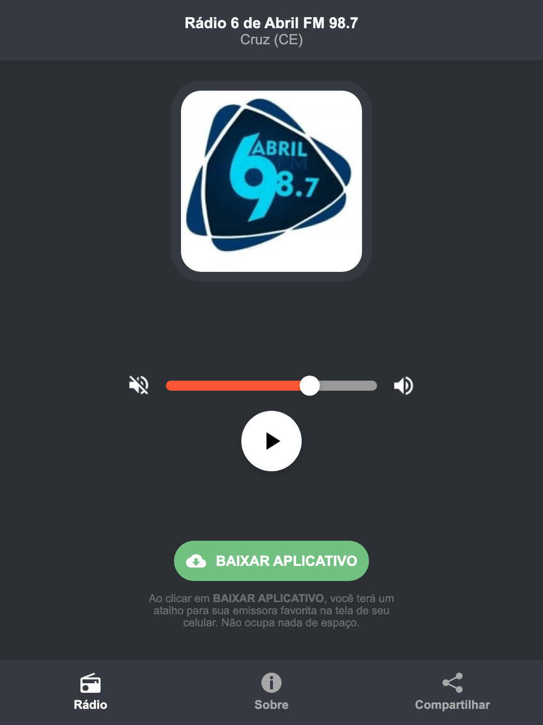 Screenshot do aplicativo da Rádio 6 de Abril FM 98.7