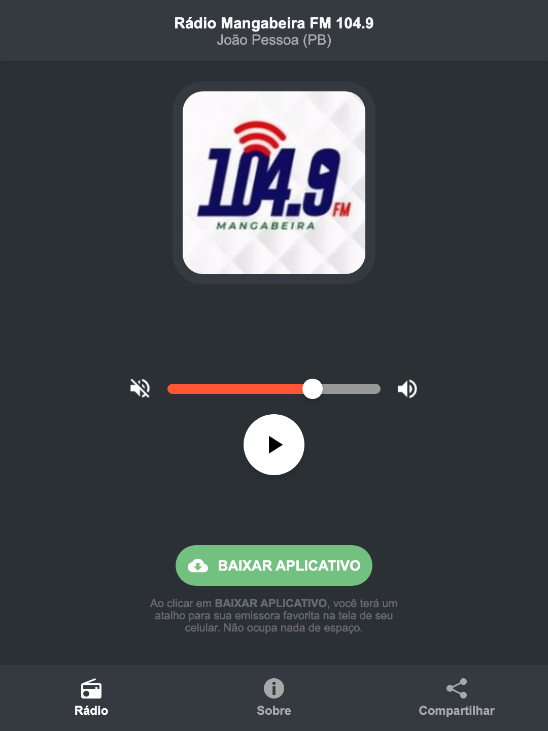 Screenshot do aplicativo da Rádio Mangabeira FM 104.9