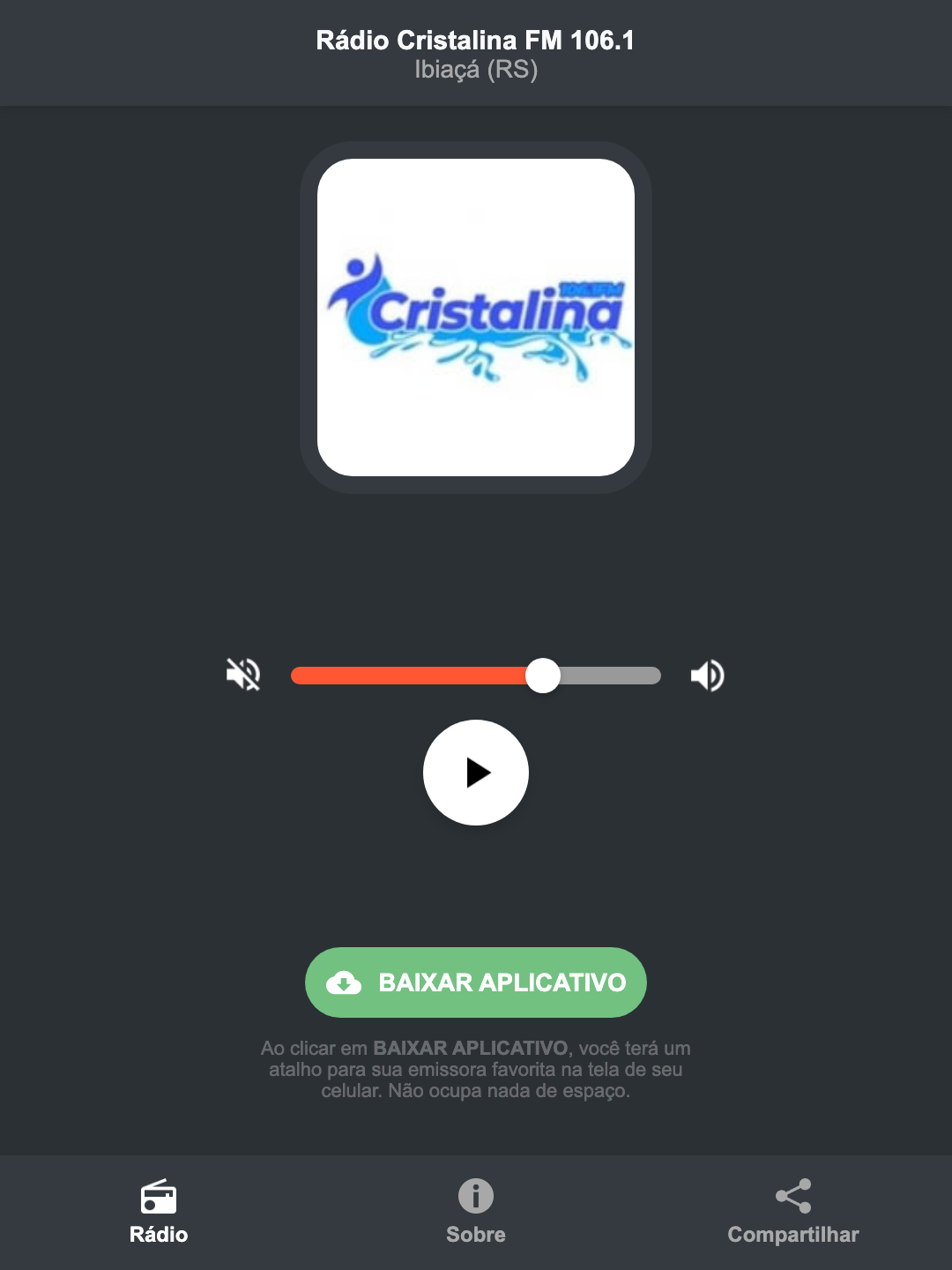 Screenshot do aplicativo da Rádio Cristalina FM 106.1