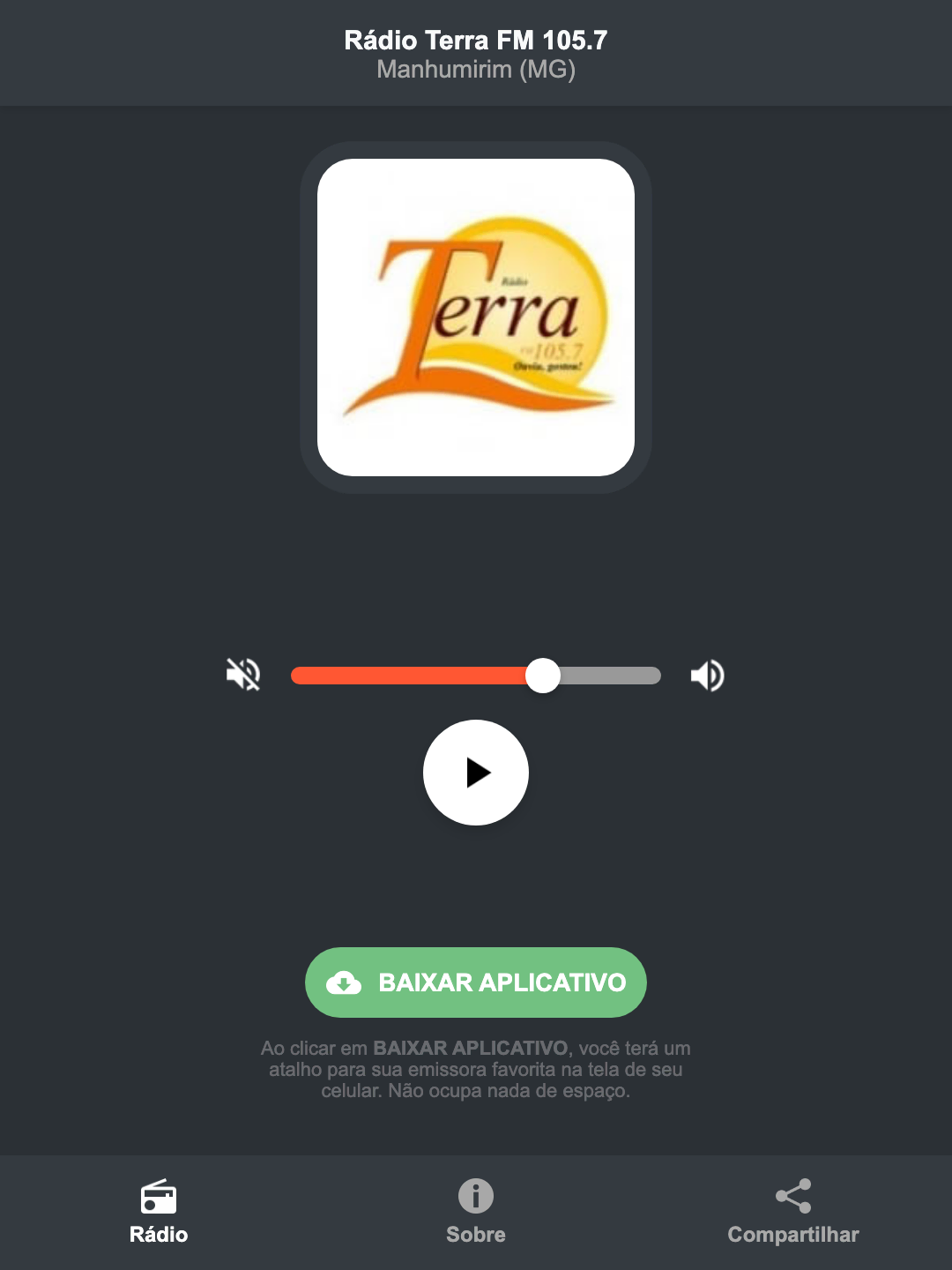 Screenshot do aplicativo da Rádio Terra FM 105.7