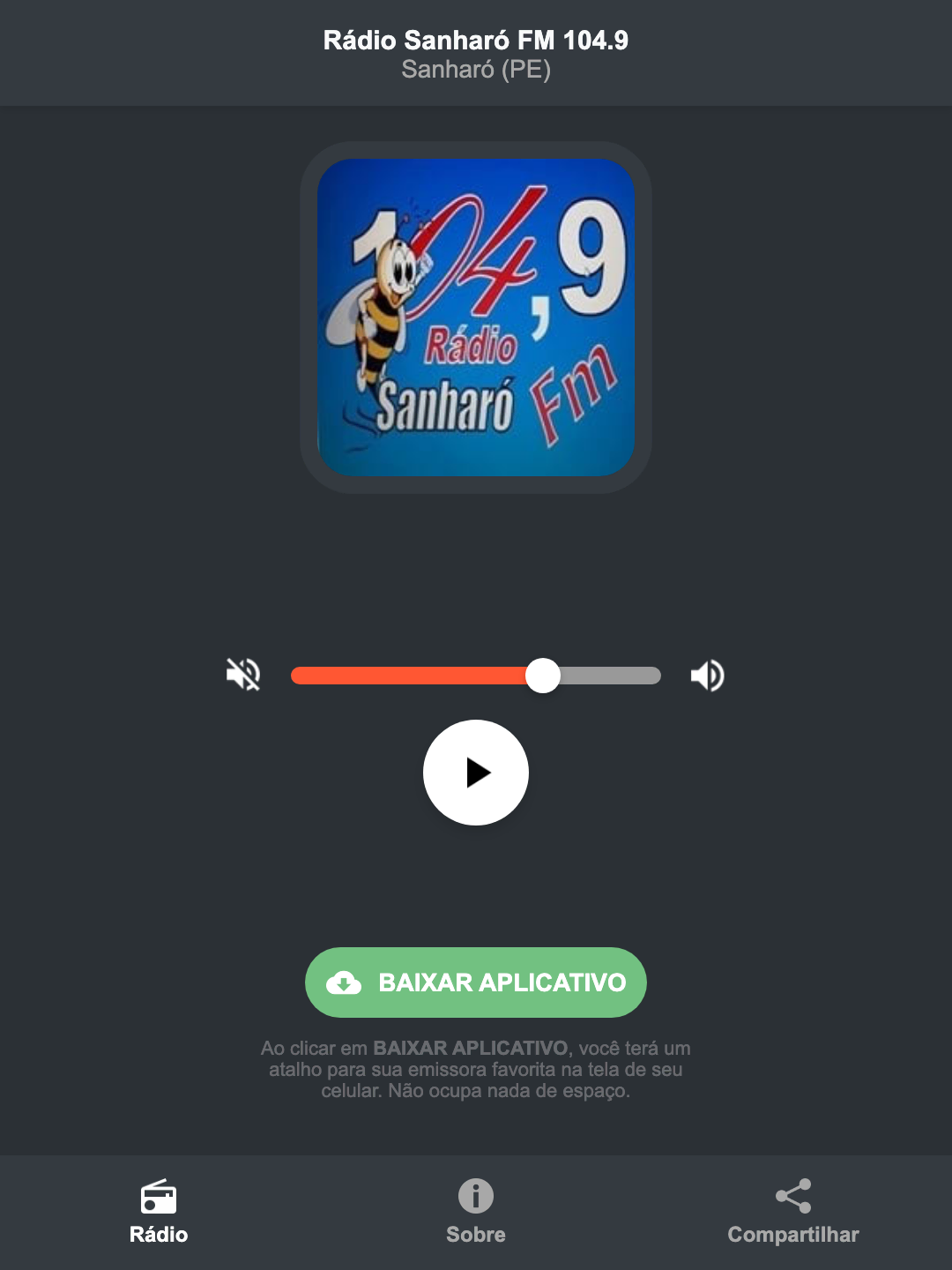 Screenshot do aplicativo da Rádio Sanharó FM 104.9
