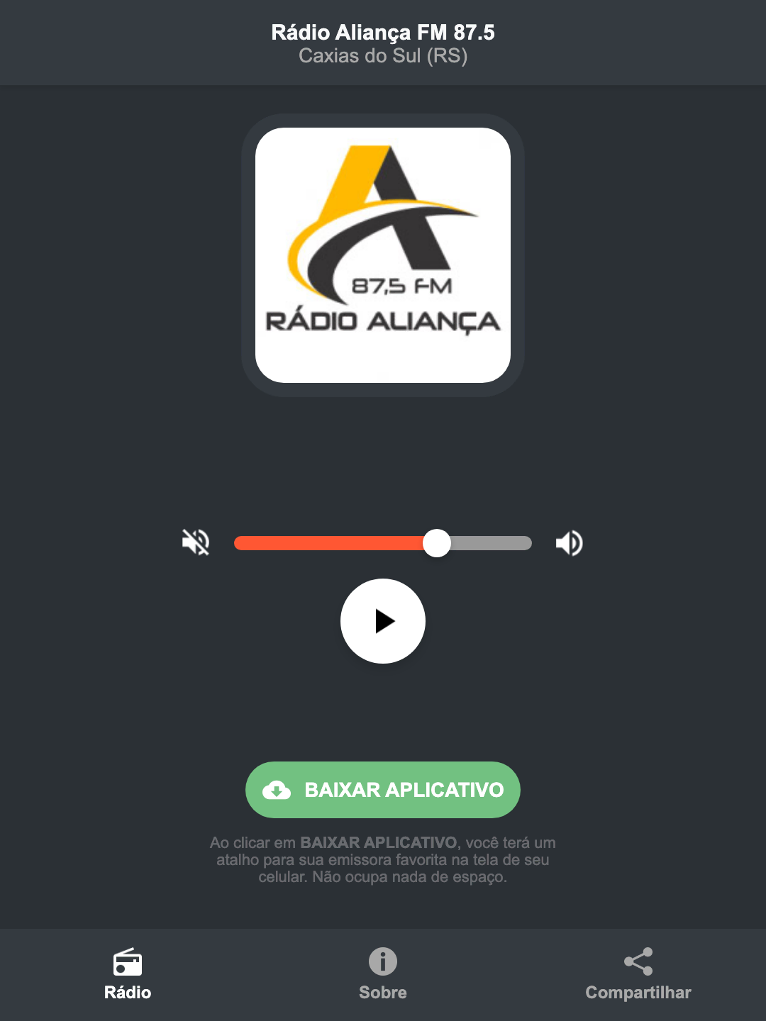 Screenshot do aplicativo da Rádio Aliança FM 87.5