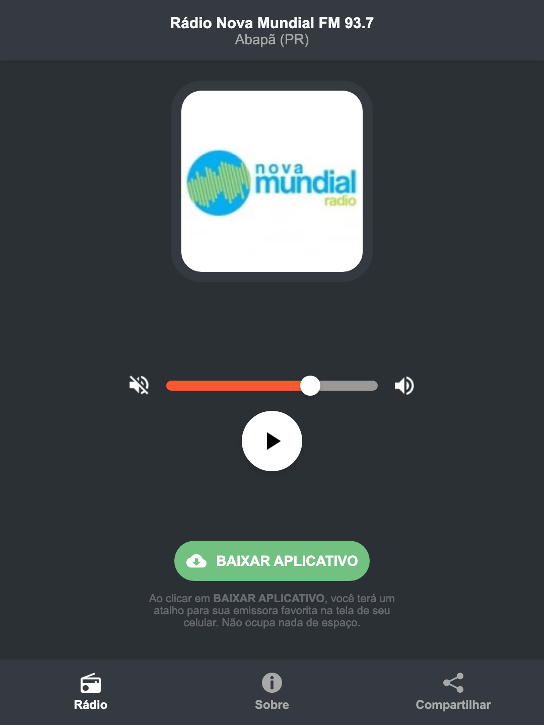 Screenshot do aplicativo da Rádio Nova Mundial FM 93.7