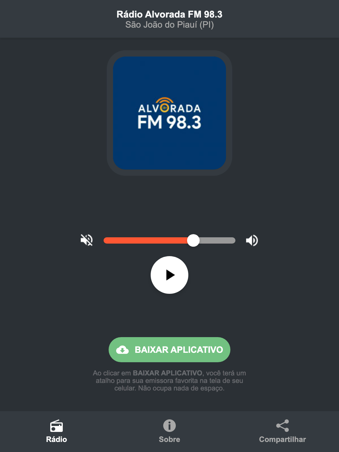 Screenshot do aplicativo da Rádio Alvorada FM 98.3