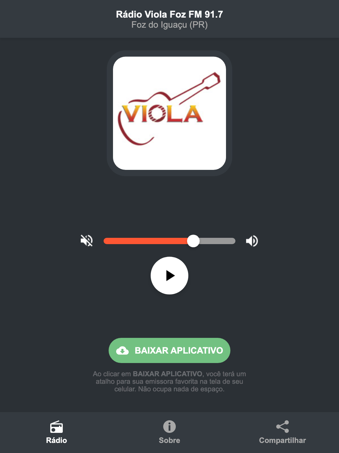 Screenshot do aplicativo da Rádio Viola Foz FM 91.7