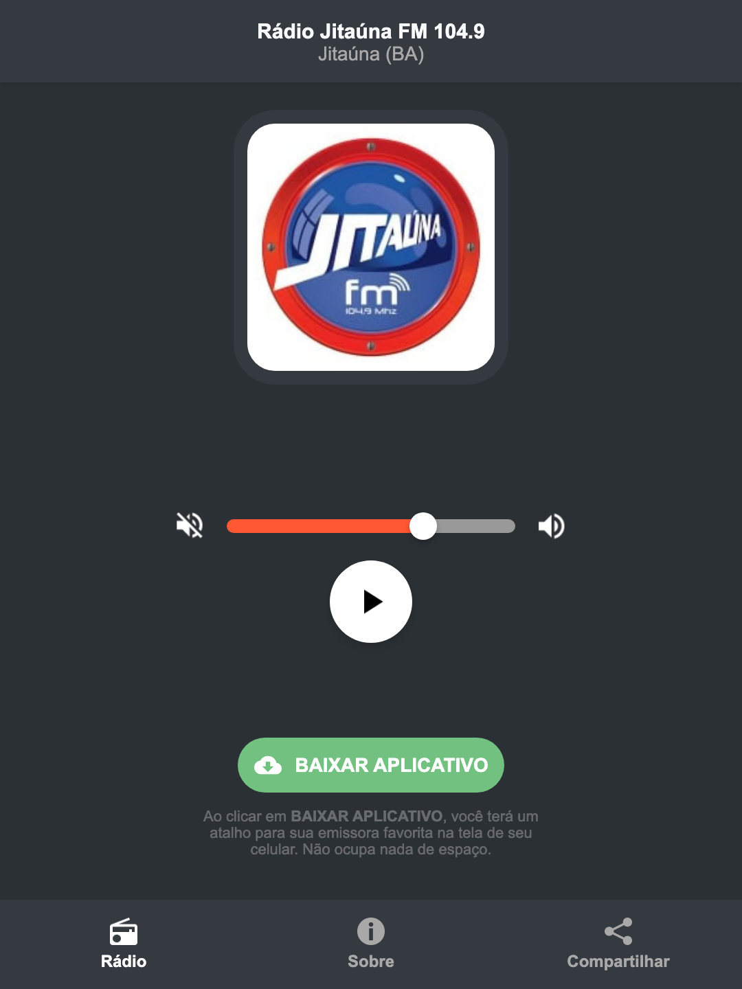 Screenshot do aplicativo da Rádio Jitaúna FM 104.9