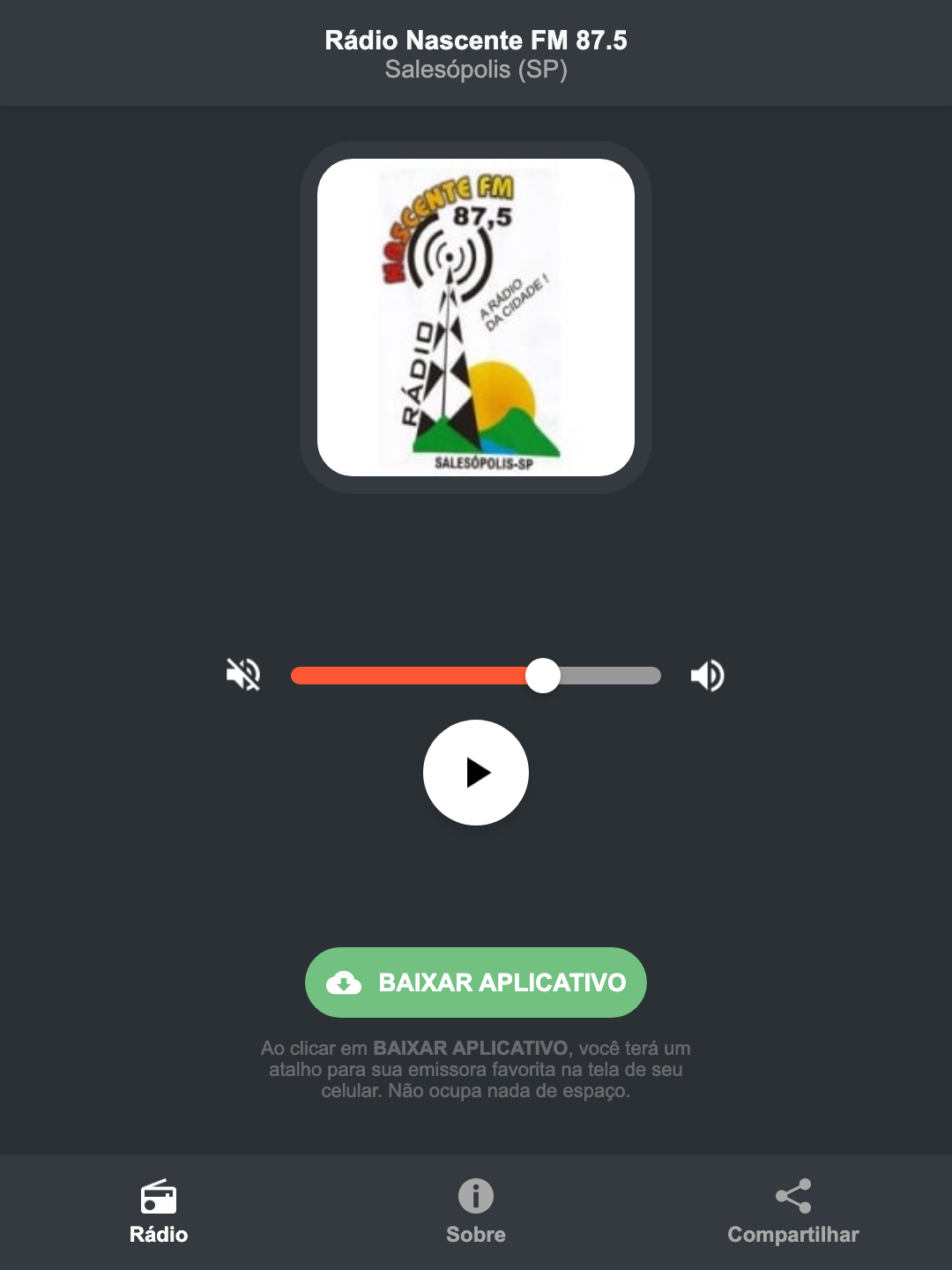 Screenshot do aplicativo da Rádio Nascente FM 87.5