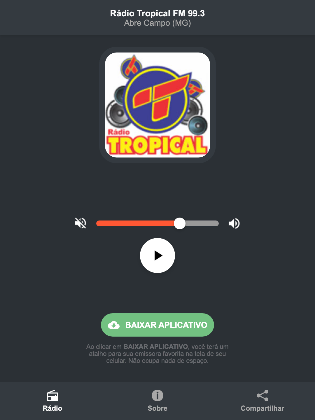 Screenshot do aplicativo da Rádio Tropical FM 99.3