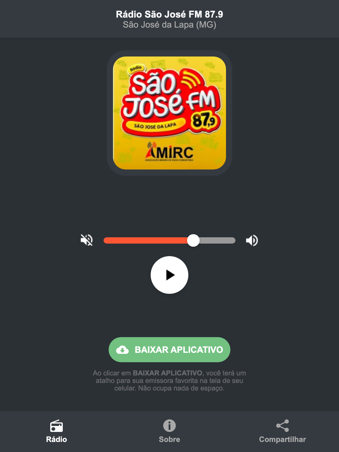 Screenshot do aplicativo da Rádio São José FM 87.9