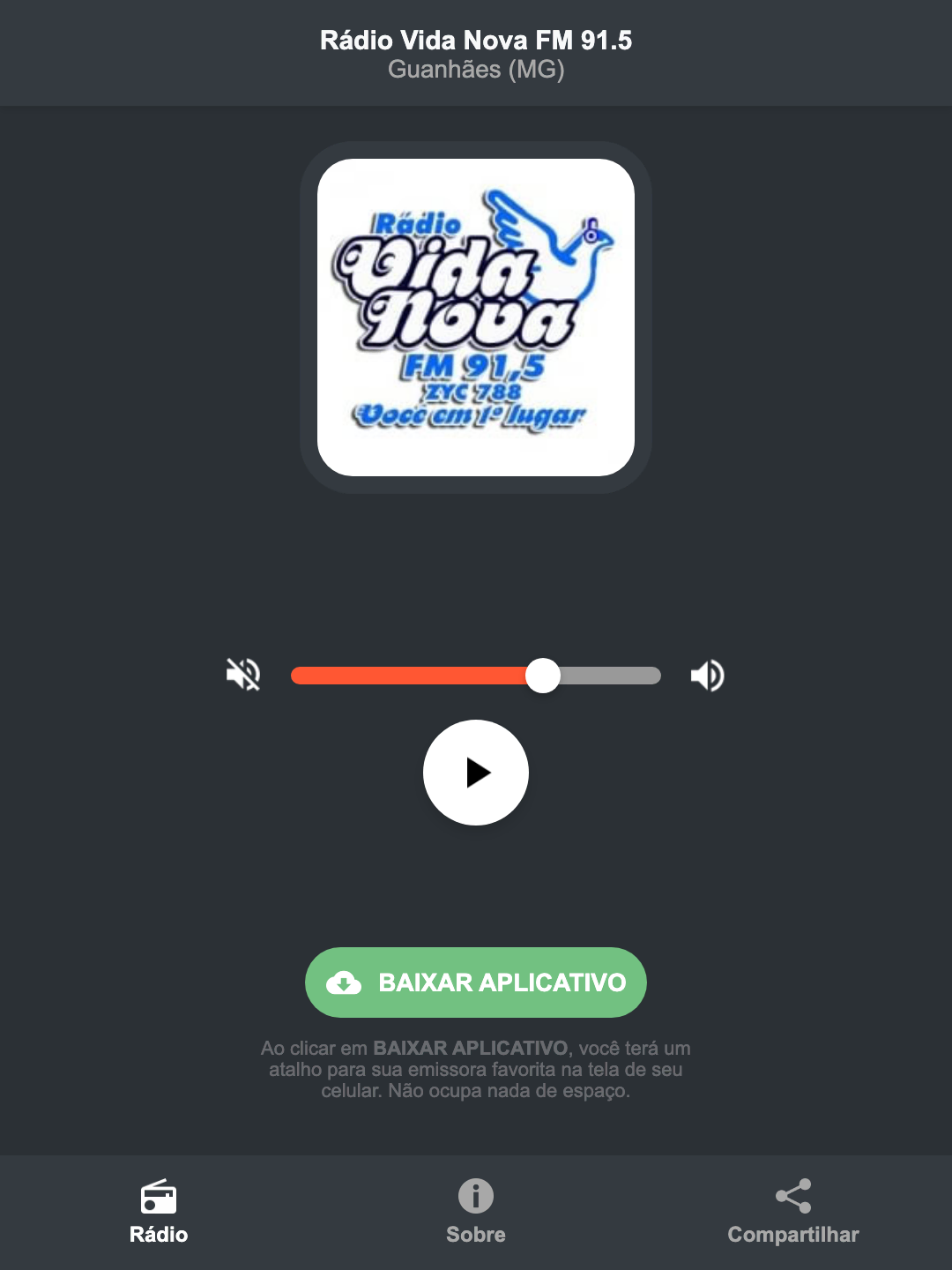 Screenshot do aplicativo da Rádio Vida Nova FM 91.5