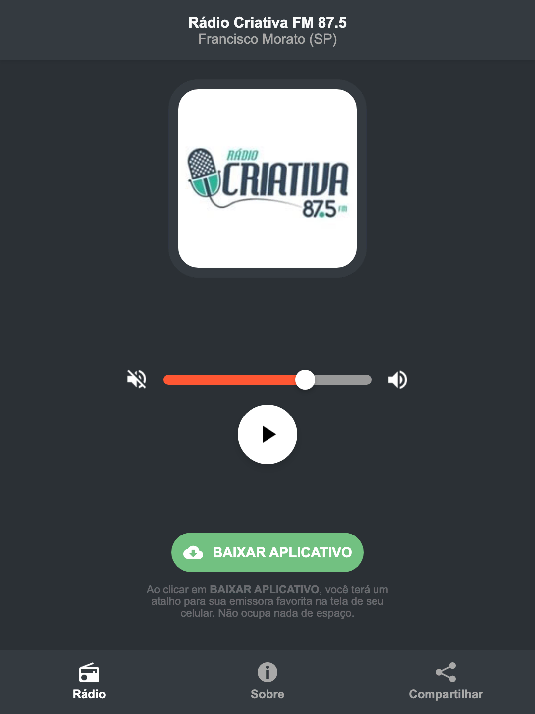 Screenshot do aplicativo da Rádio Criativa FM 87.5