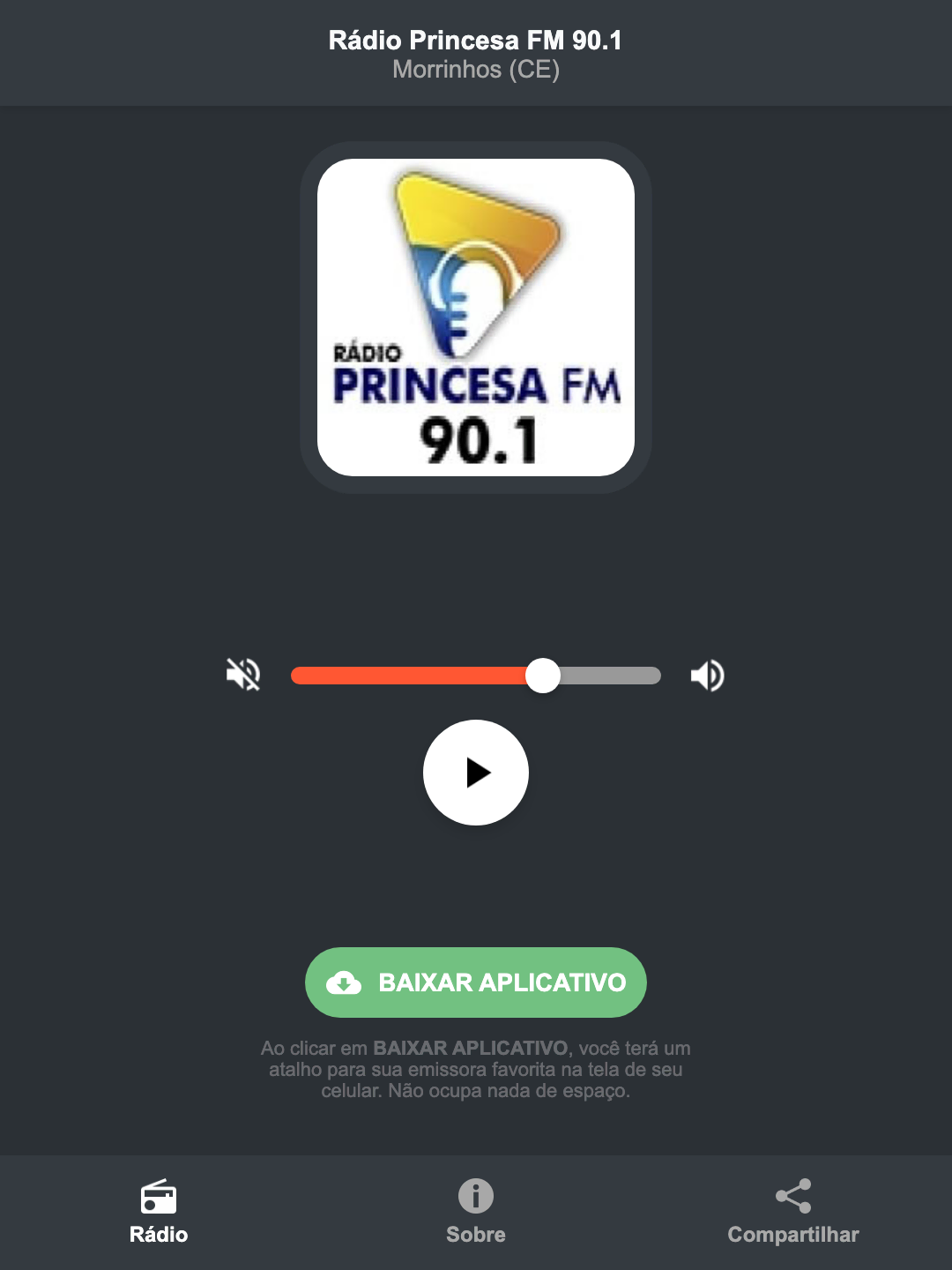 Screenshot do aplicativo da Rádio Princesa FM 90.1