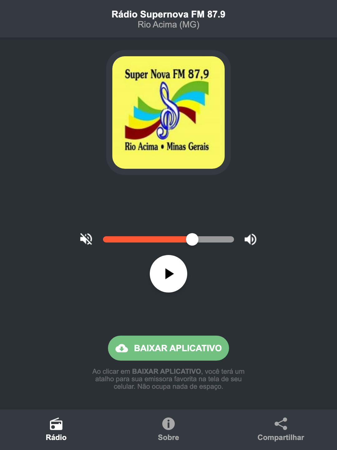 Screenshot do aplicativo da Rádio Supernova FM 87.9