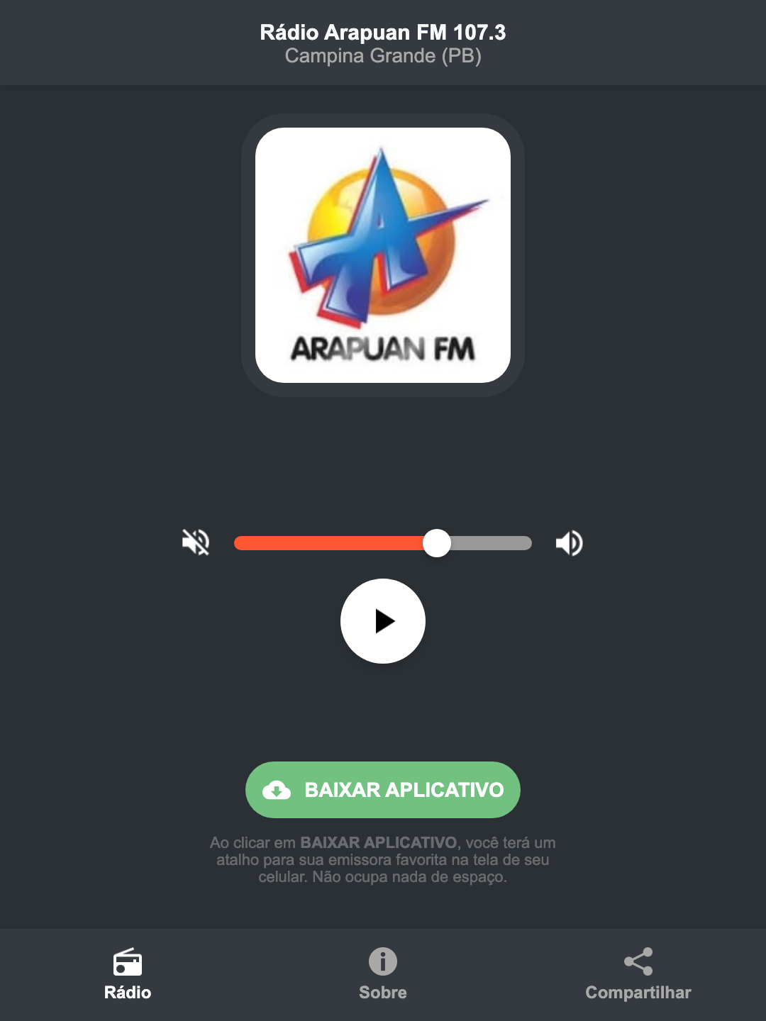 Screenshot do aplicativo da Rádio Arapuan FM 107.3