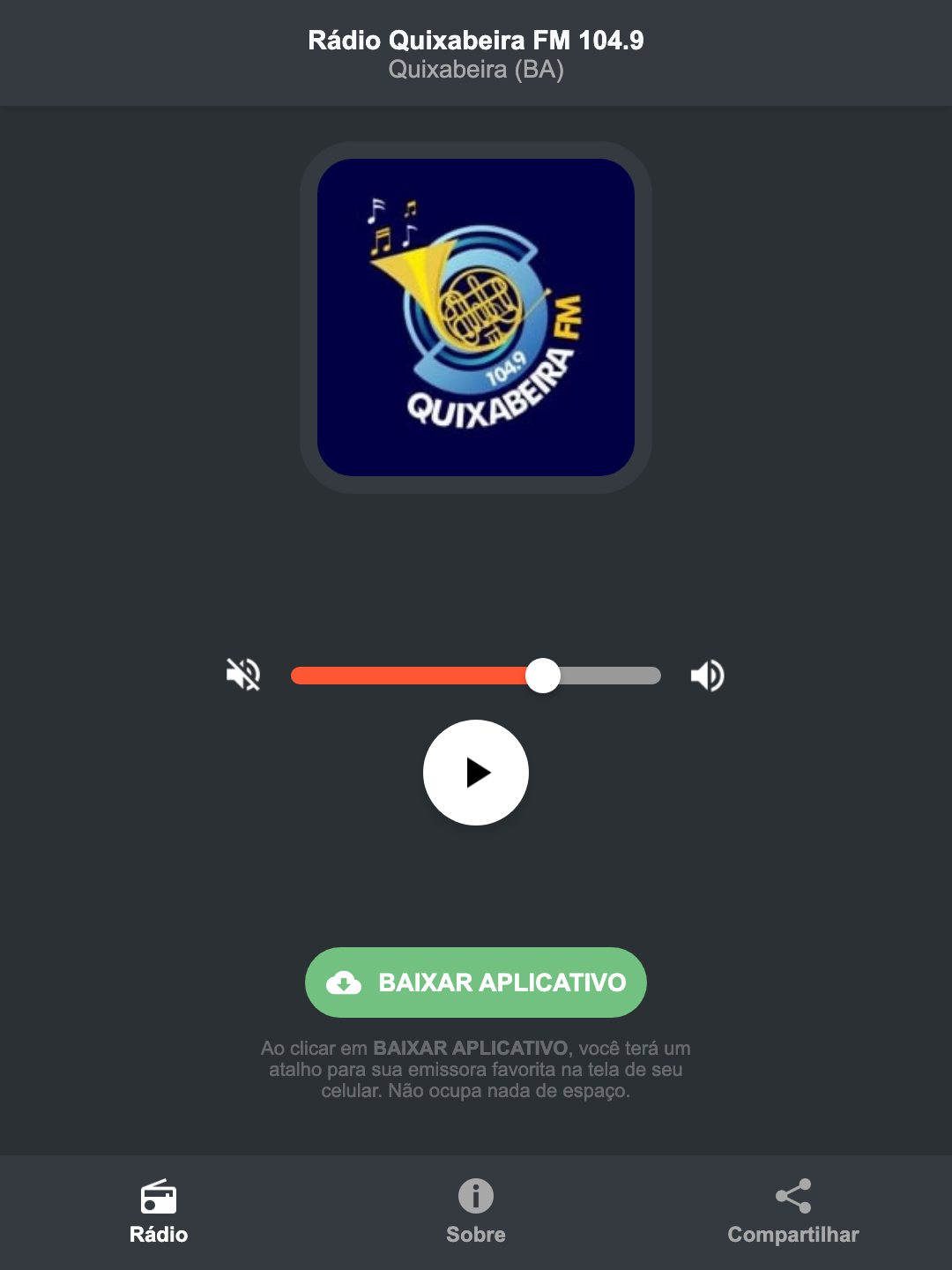 Screenshot do aplicativo da Rádio Quixabeira FM 104.9