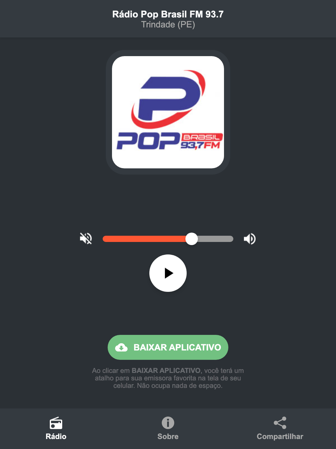 Screenshot do aplicativo da Rádio Pop Brasil FM 93.7