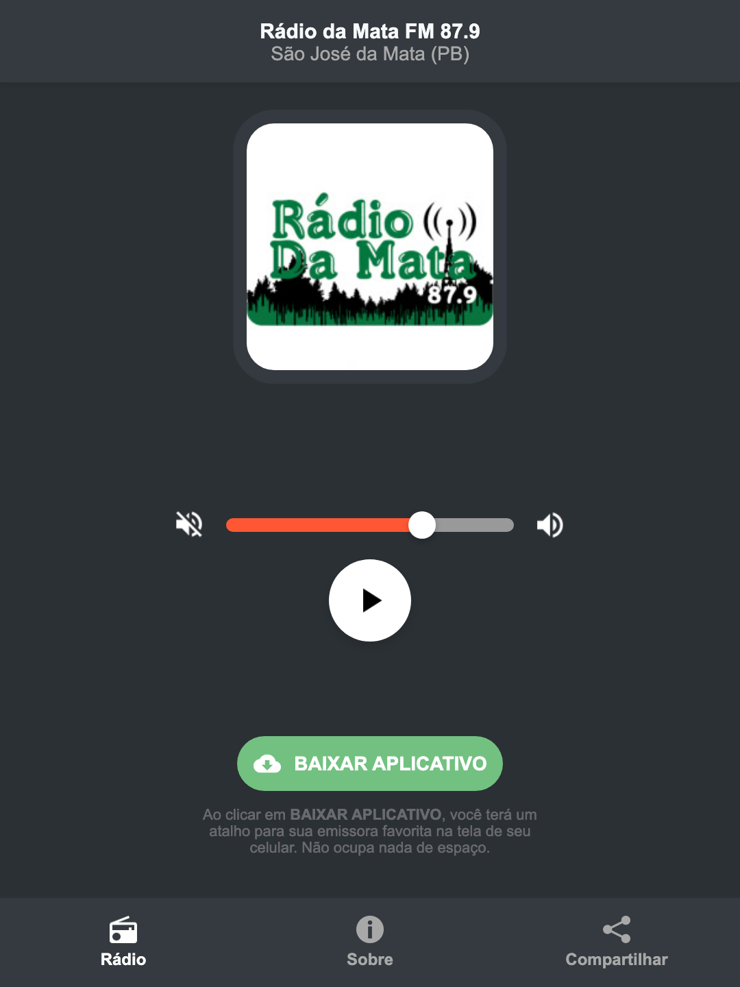 Screenshot do aplicativo da Rádio da Mata FM 87.9