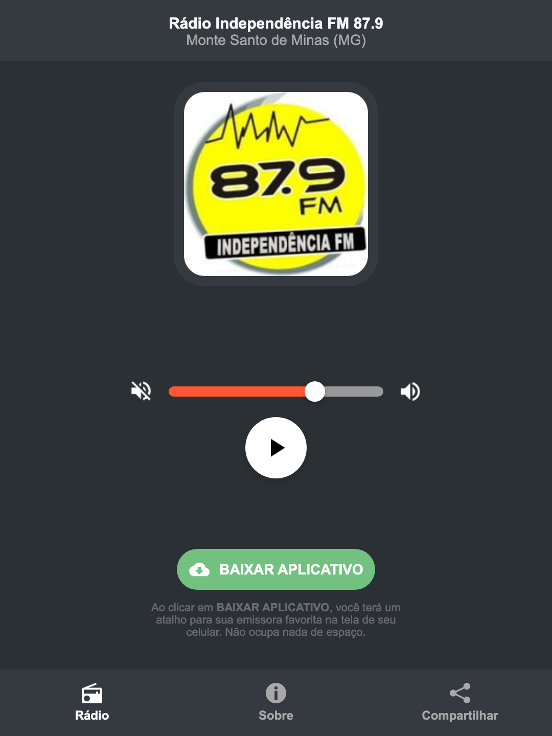 Screenshot do aplicativo da Rádio Independência FM 87.9