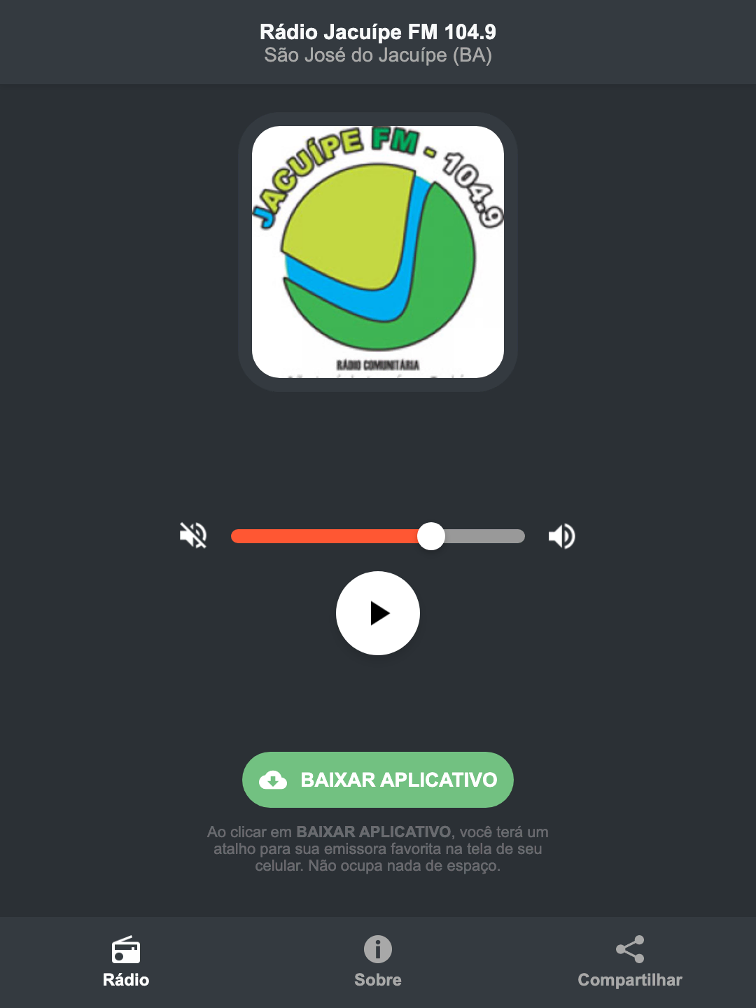 Screenshot do aplicativo da Rádio Jacuípe FM 104.9