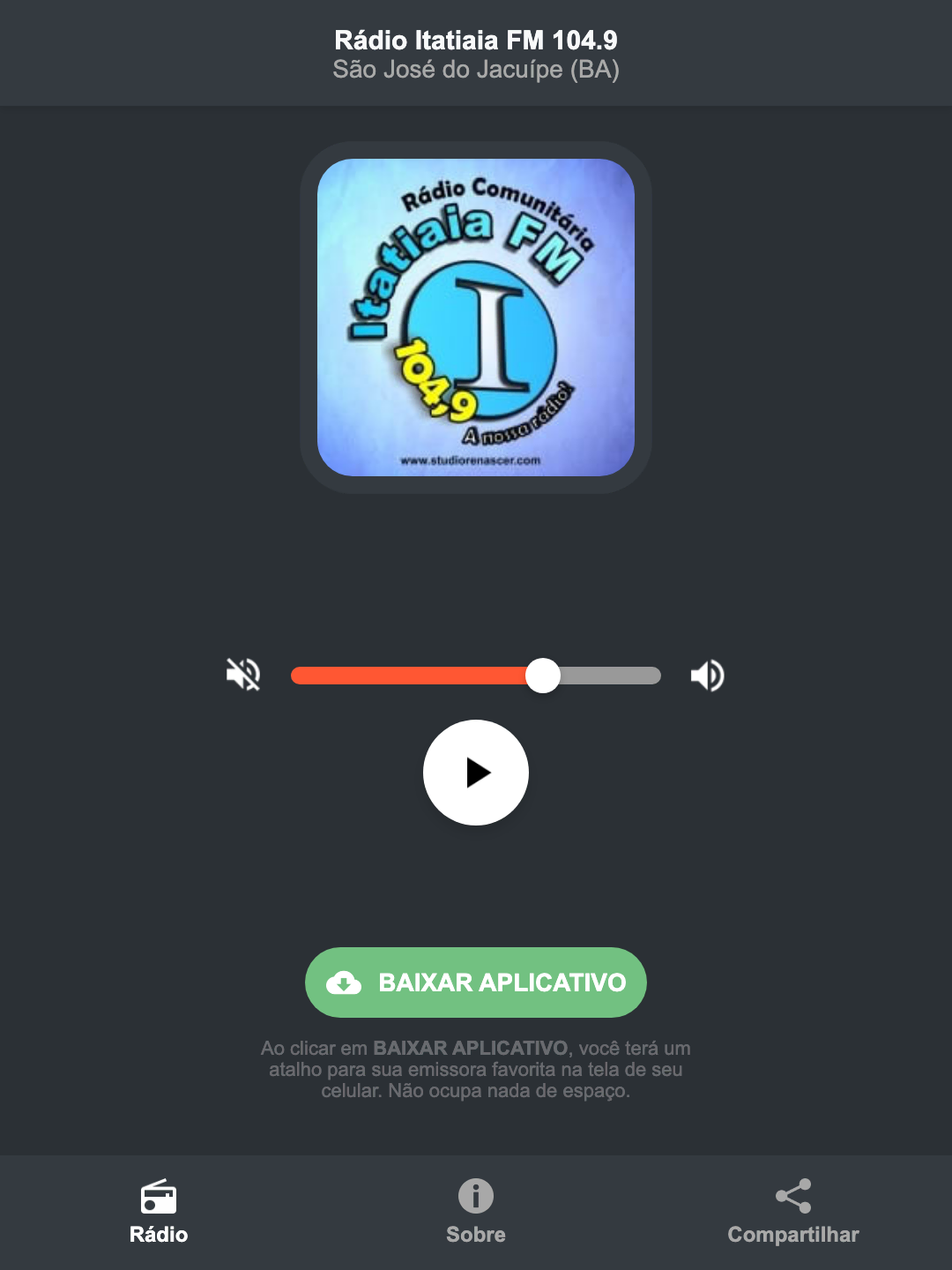 Screenshot do aplicativo da Rádio Itatiaia FM 104.9