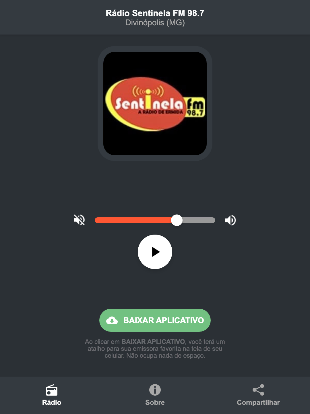Screenshot do aplicativo da Rádio Sentinela FM 98.7