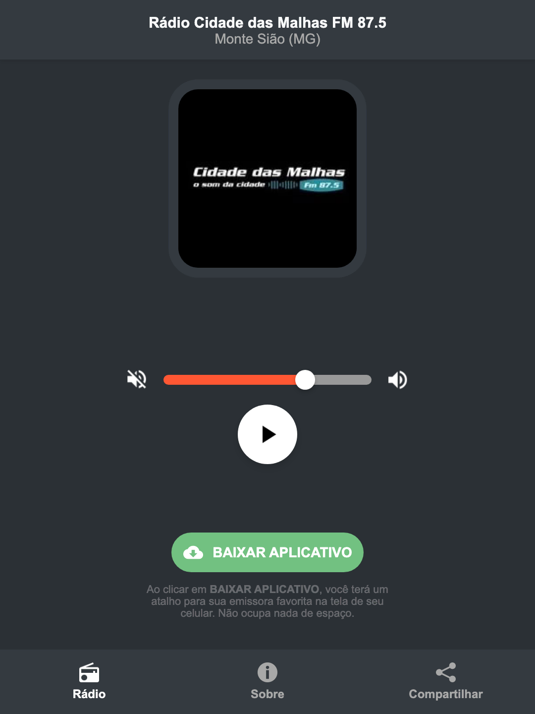 Screenshot do aplicativo da Rádio Cidade das Malhas FM 87.5