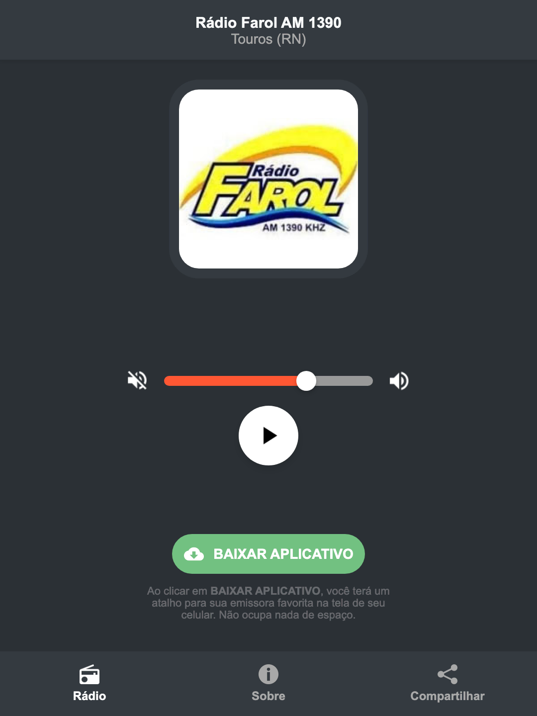 Screenshot do aplicativo da Rádio Farol AM 1390