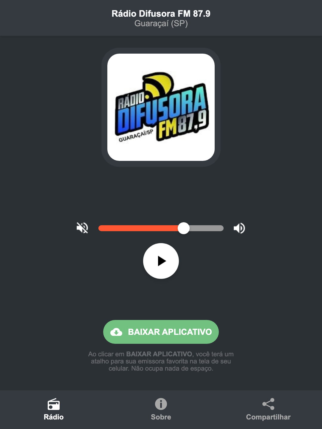 Screenshot do aplicativo da Rádio Difusora FM 87.9