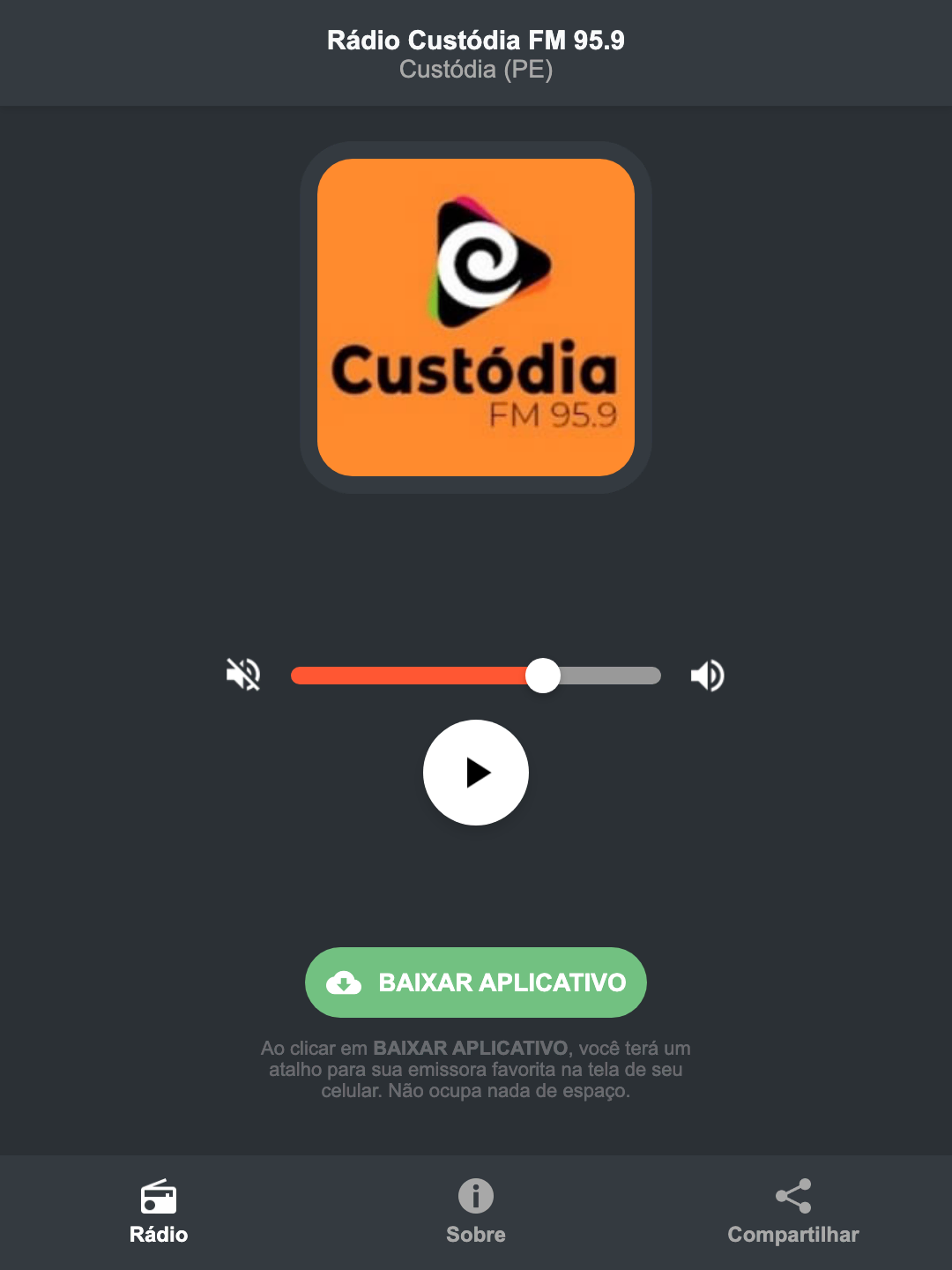 Screenshot do aplicativo da Rádio Custódia FM 95.9