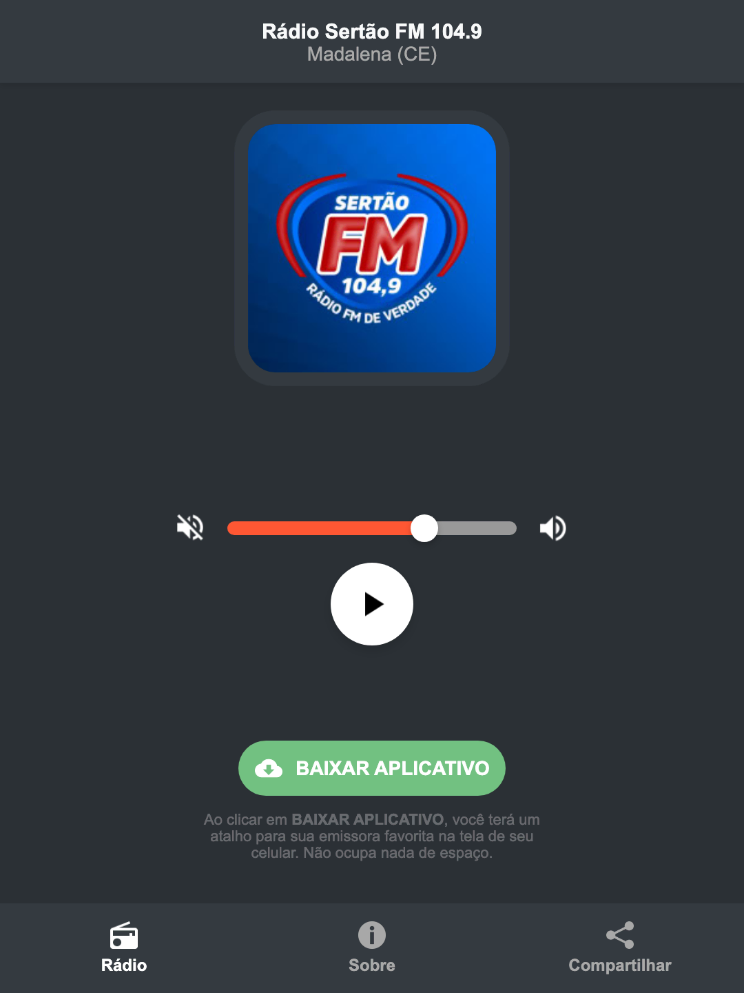 Screenshot do aplicativo da Rádio Sertão FM 104.9