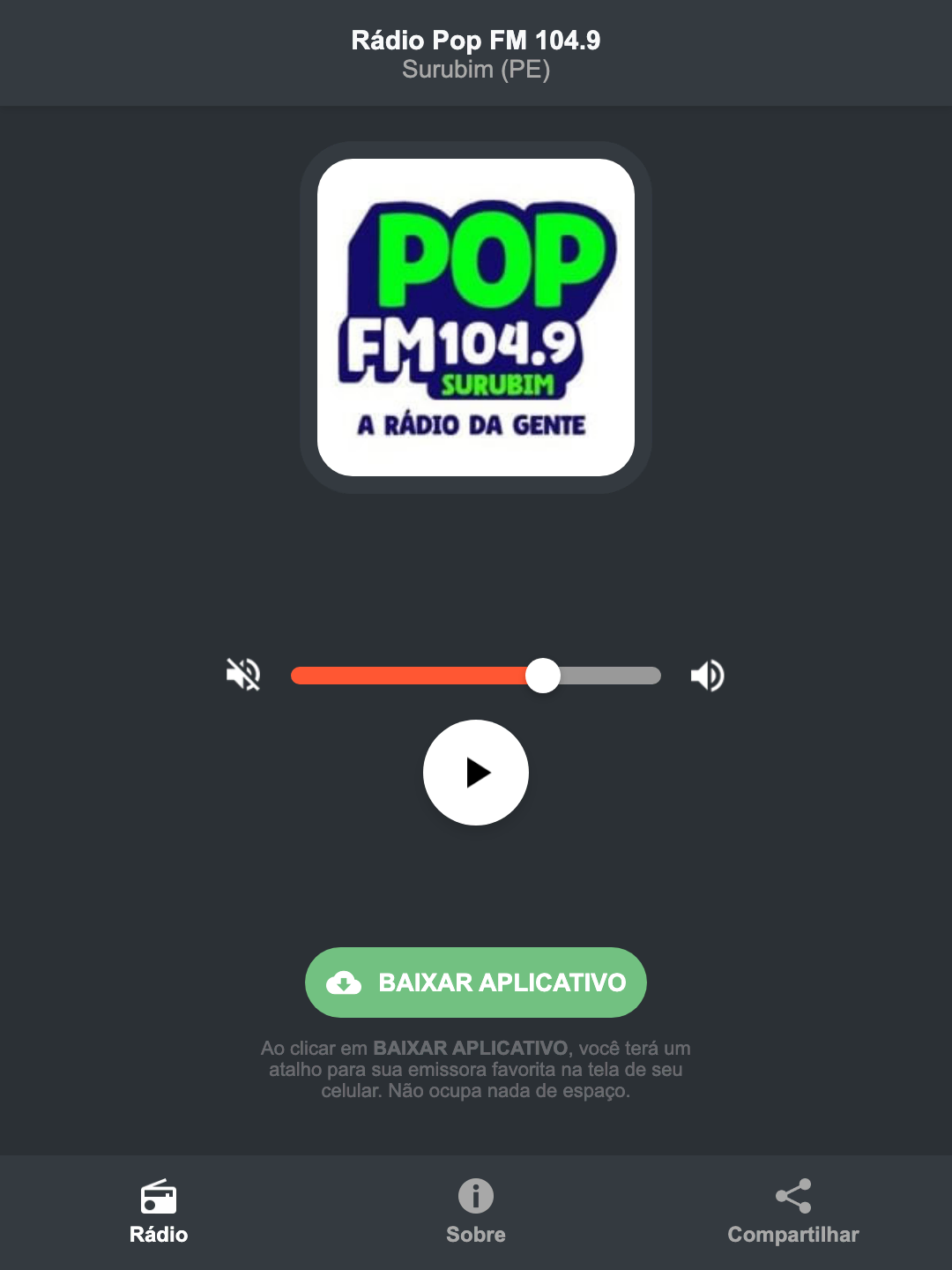 Screenshot do aplicativo da Rádio Pop FM 104.9
