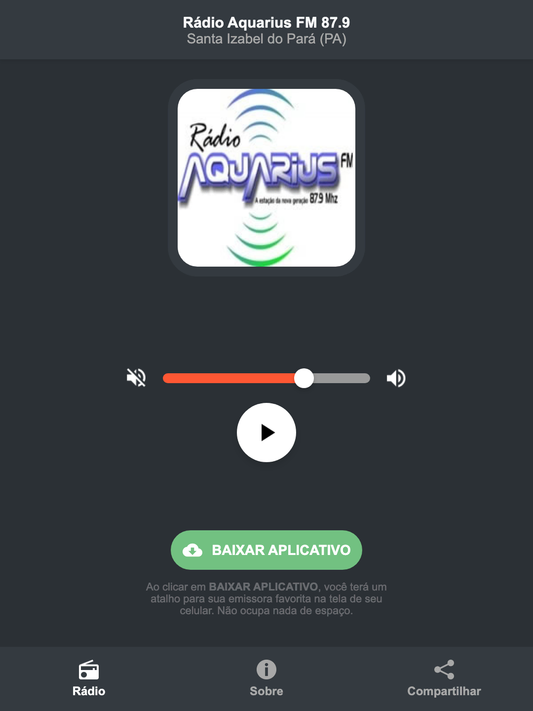 Screenshot do aplicativo da Rádio Aquarius FM 87.9