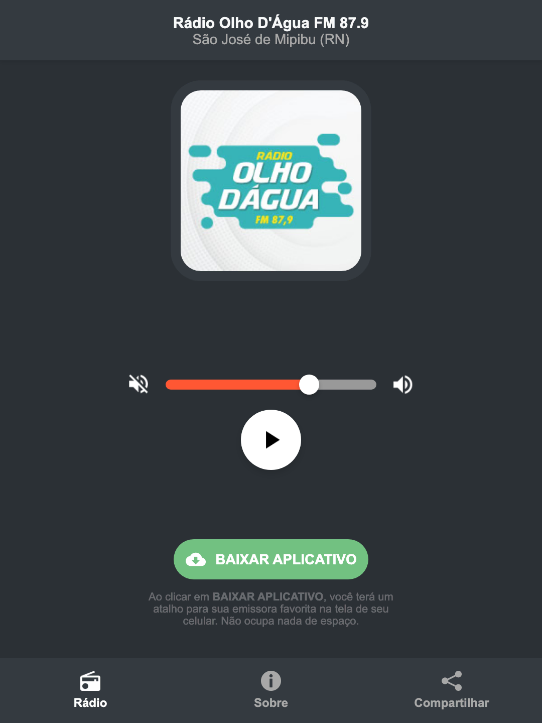 Screenshot do aplicativo da Rádio Olho D'Água FM 87.9