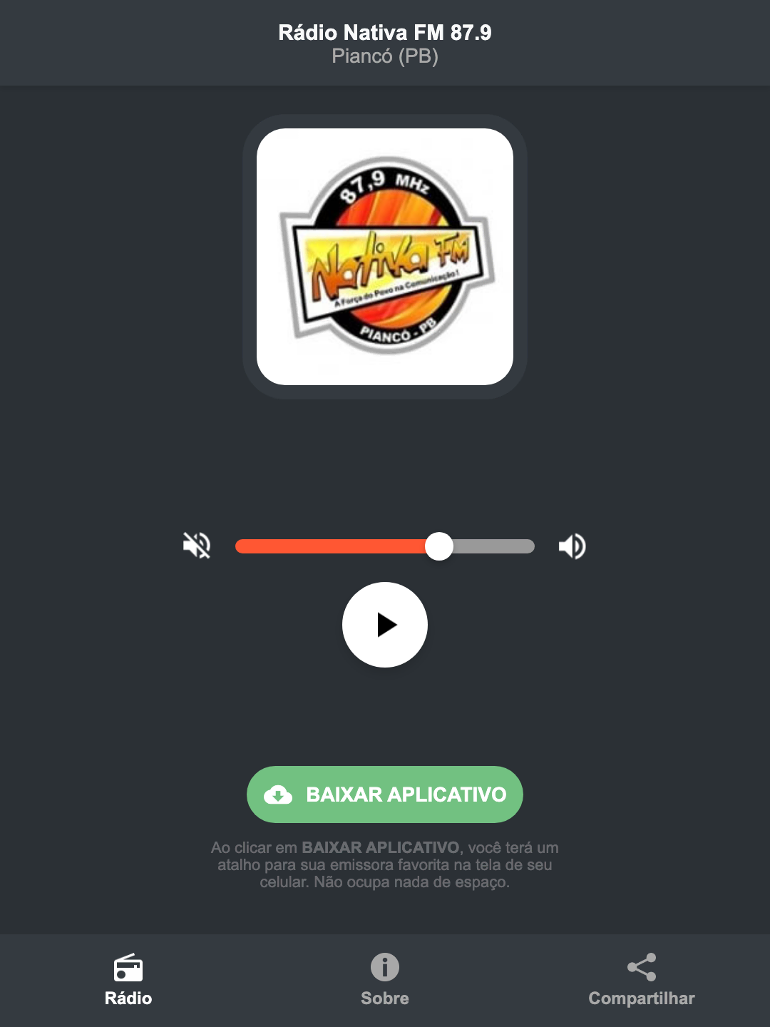 Screenshot do aplicativo da Rádio Nativa FM 87.9