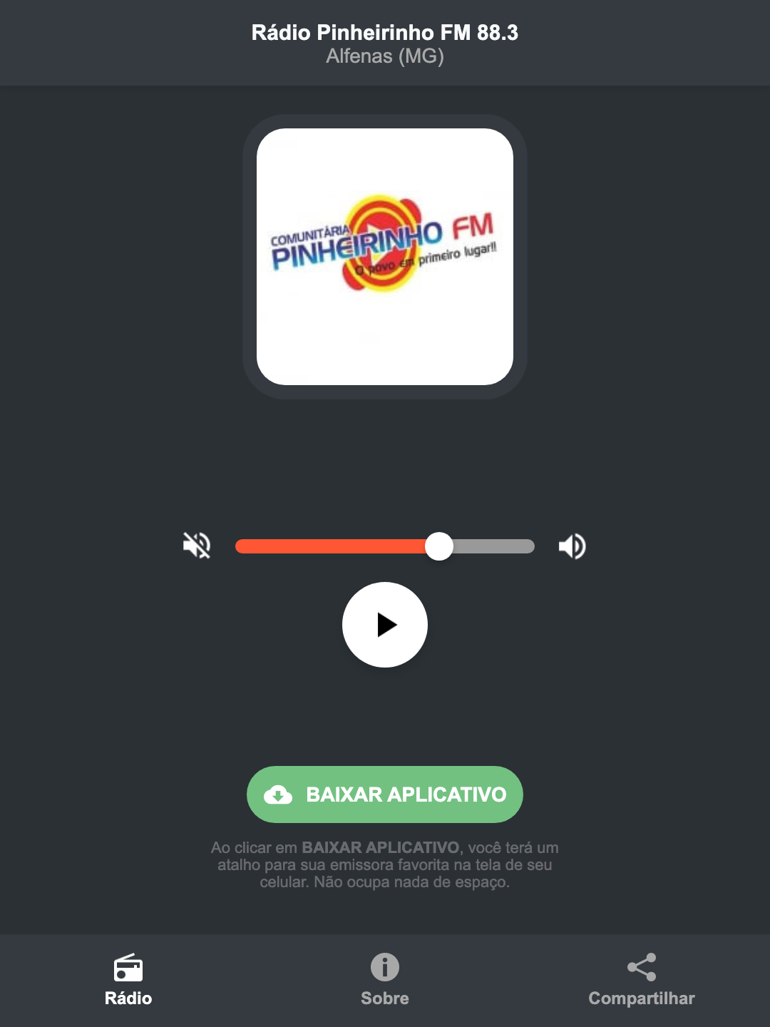 Screenshot do aplicativo da Rádio Pinheirinho FM 88.3