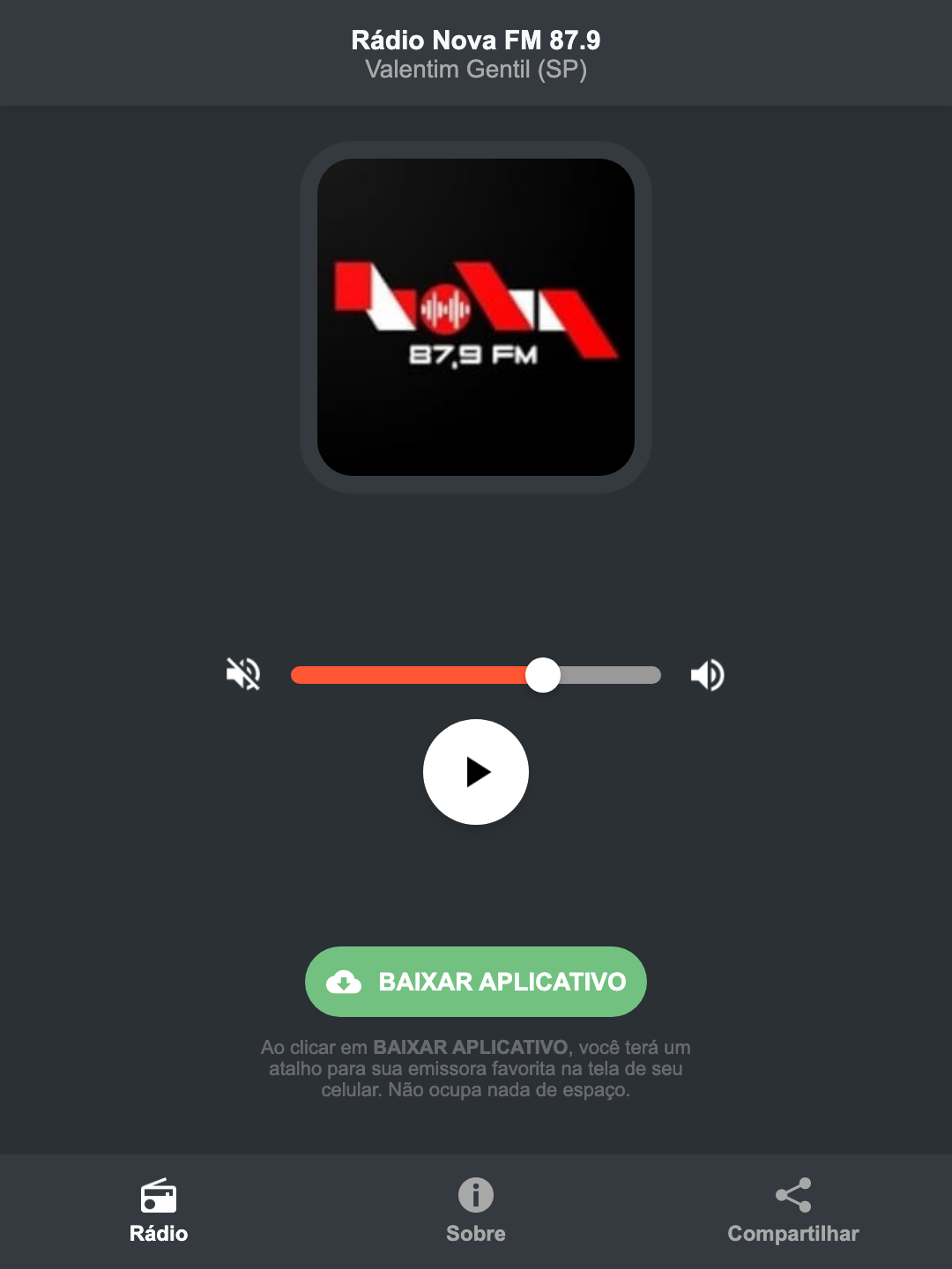 Screenshot do aplicativo da Rádio Nova FM 87.9