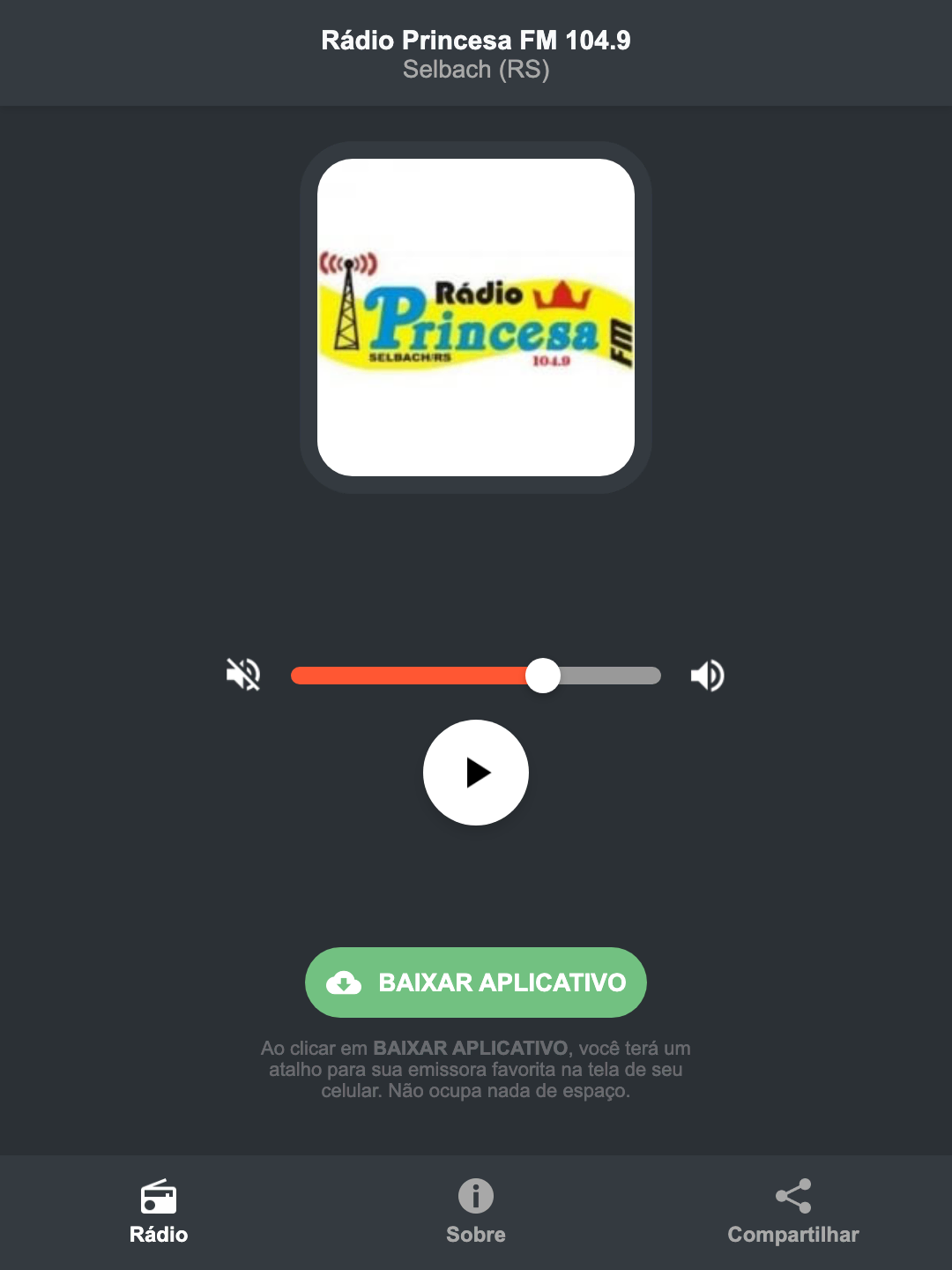 Screenshot do aplicativo da Rádio Princesa FM 104.9