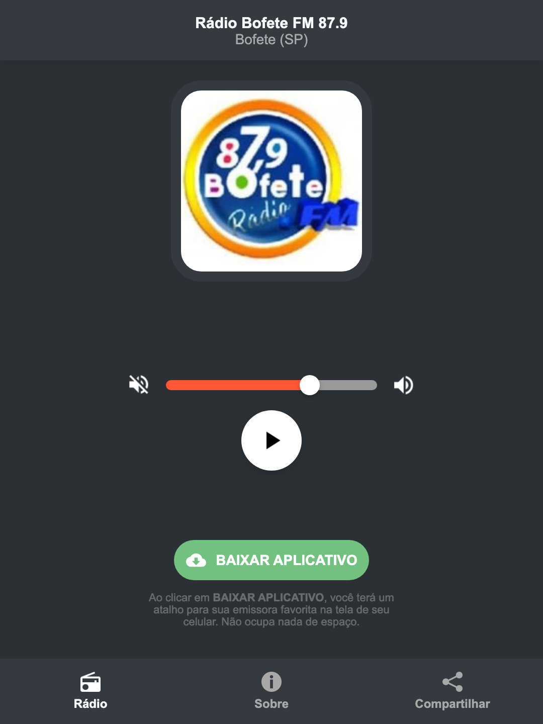 Screenshot do aplicativo da Rádio Bofete FM 87.9